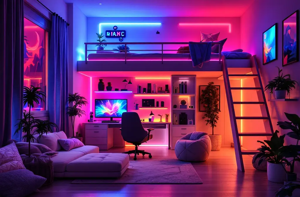 Teen room ideas in one space: a loft bed over a gaming desk, neon LED lighting and a lounge sofa