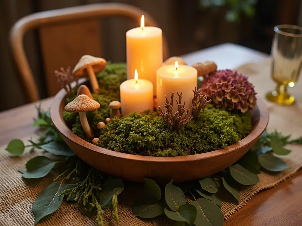 Wooden bowl centerpiece with moss, mushrooms, dried hydrangea and three lit candles