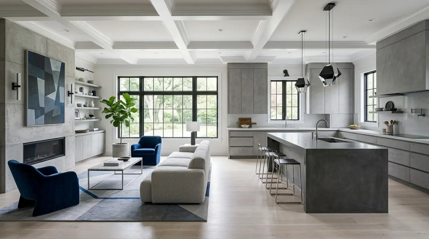 An open-plan kitchen with concrete-gray cabinets and a concrete island