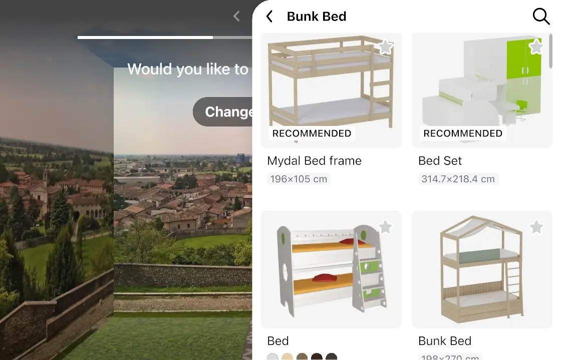 A kids' room in 3D on a laptop, with bunk beds and colors to choose from
