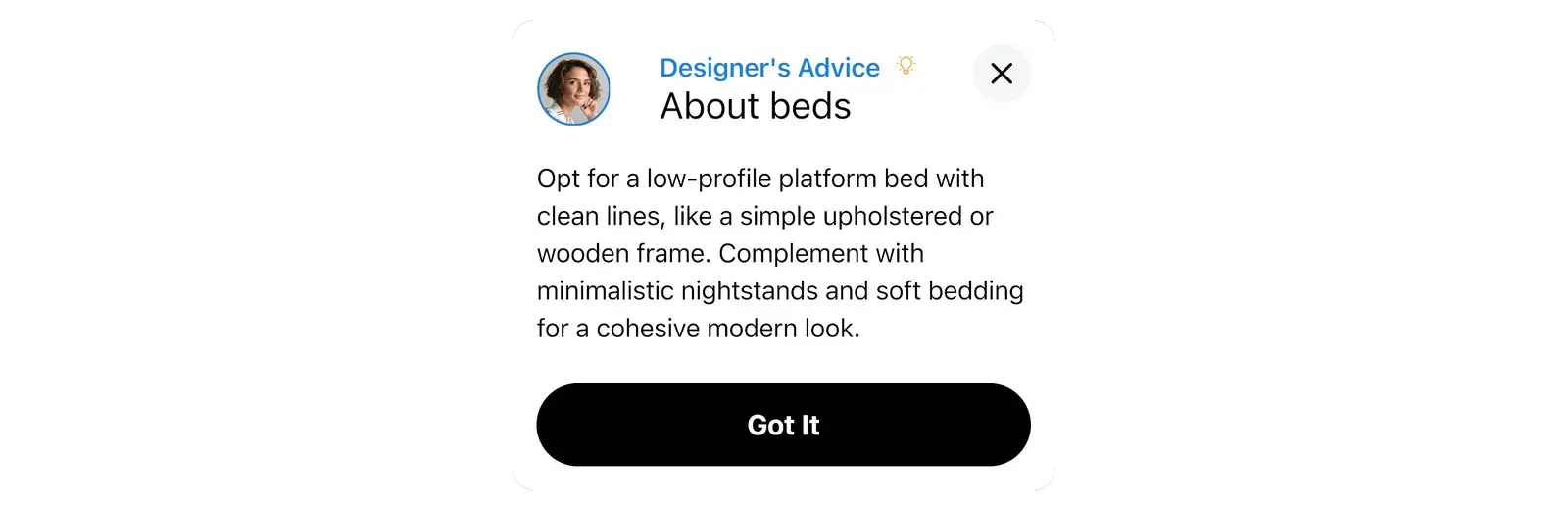 Designer's Advice card in the Home Planner furniture catalog with a short tip about choosing a bed