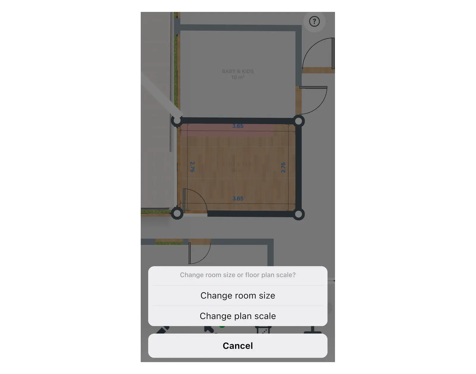 The Resize dialog in Home Planner with Change room size and Change plan scale