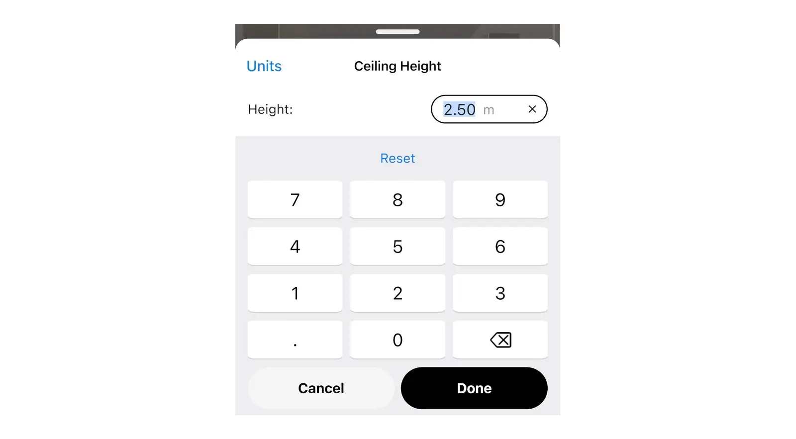 Ceiling Height keypad in Home Planner with the new height, 2.50 m, typed in and the Done button