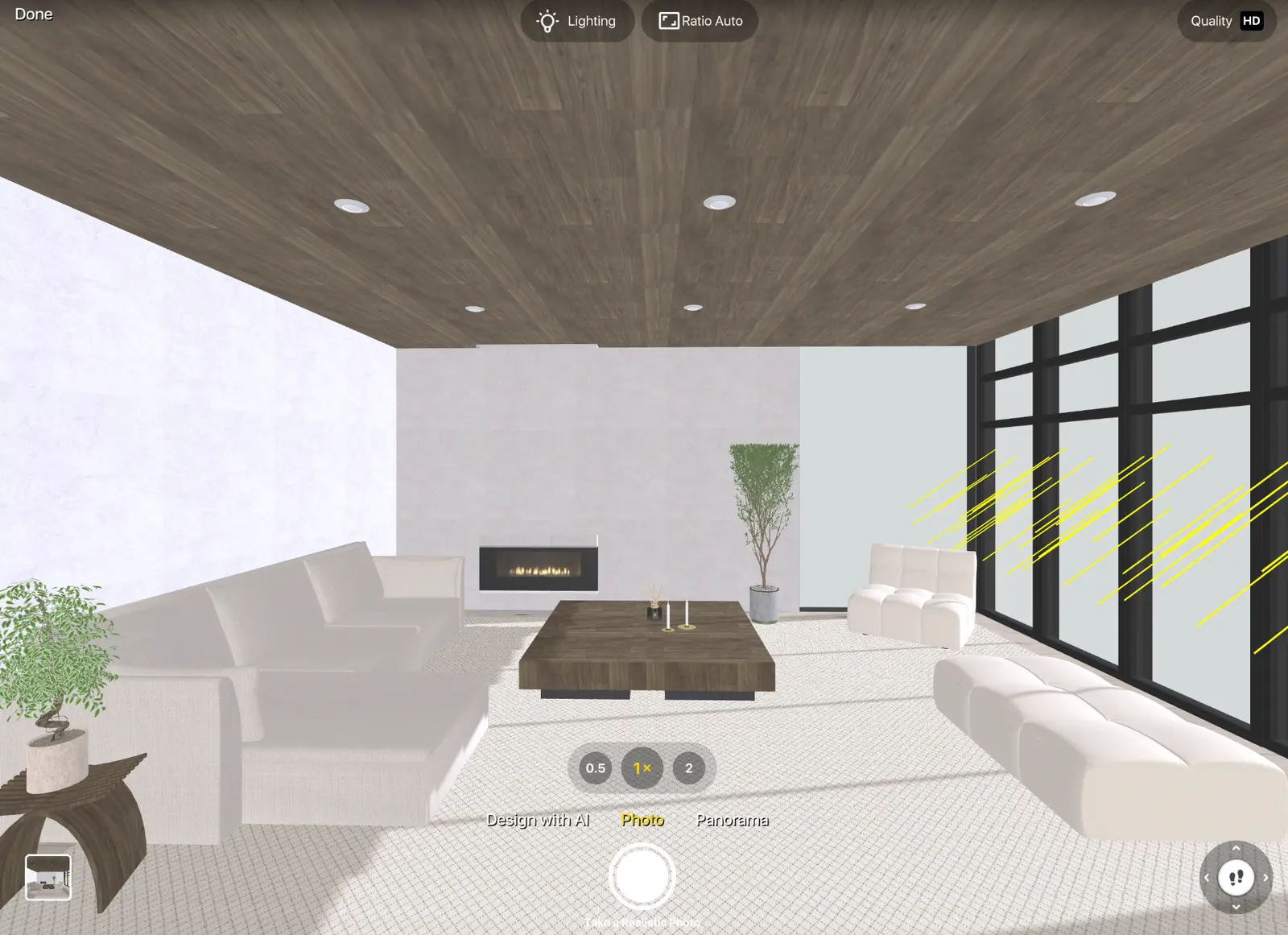 Home Planner photo mode with lighting, ratio and quality controls over a living room
