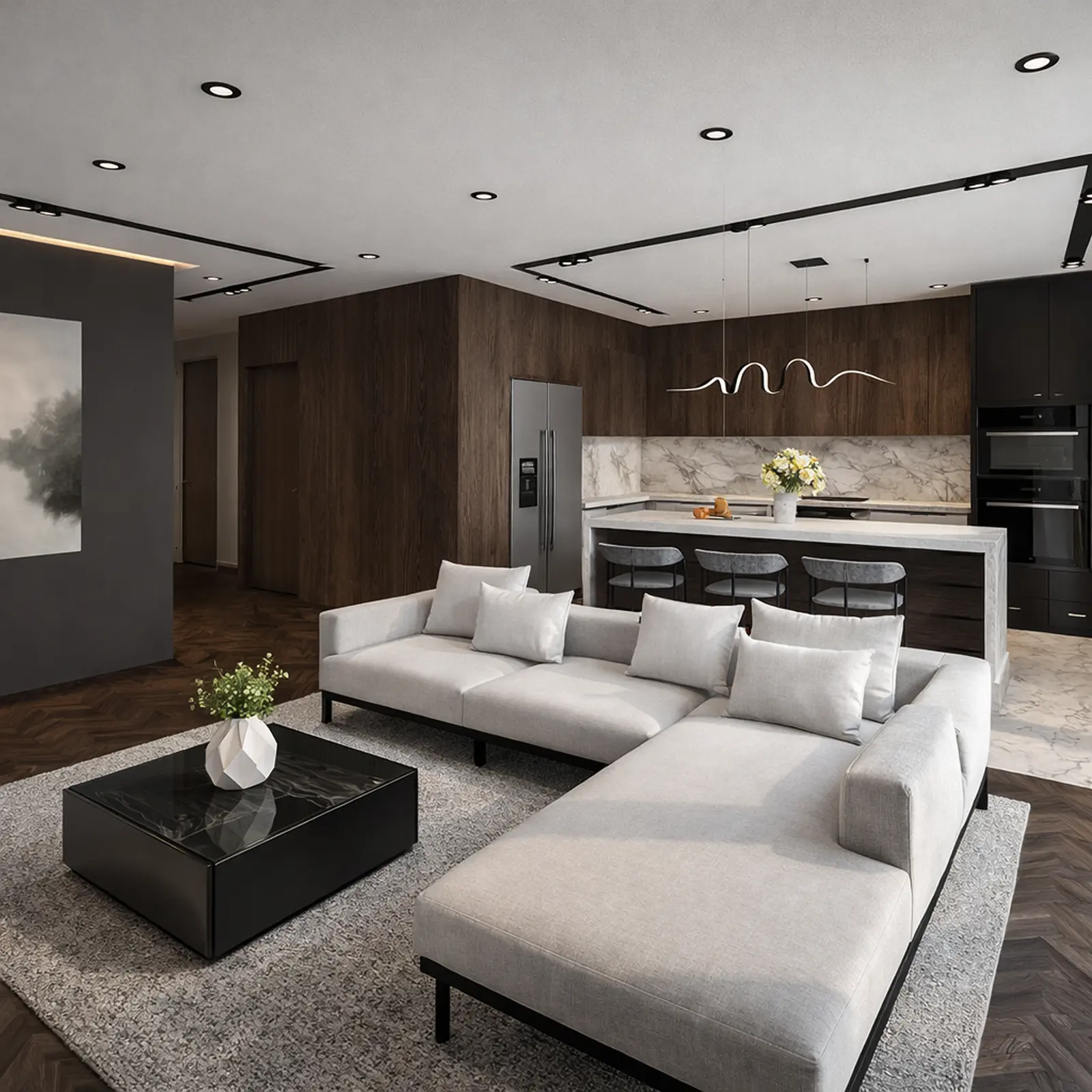 Wohnzimmer mit offenem Plan, hellgrauem Ecksofa und schwarzem Marmor-Couchtisch