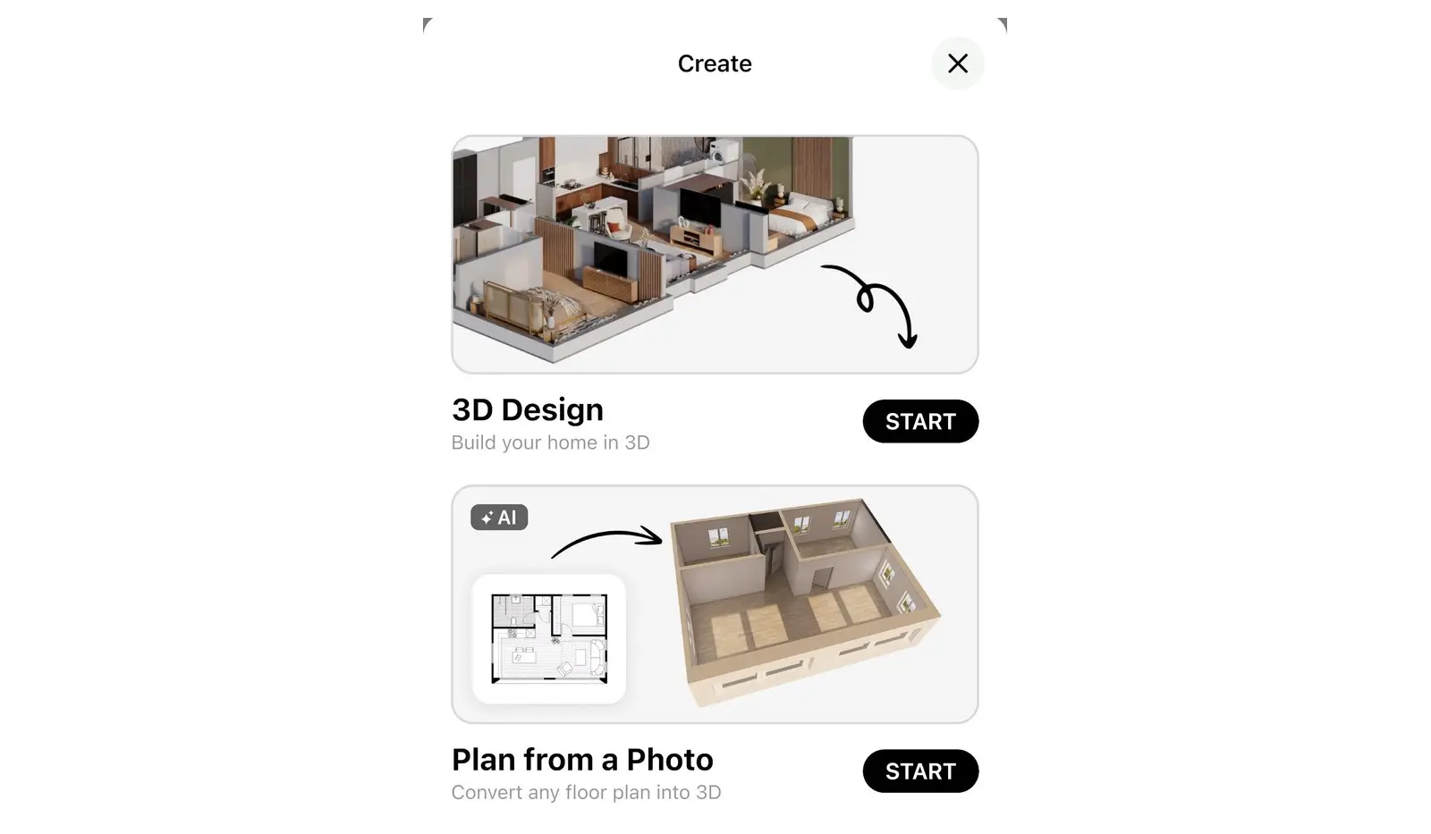 The Create screen with the "Plan from a Photo" card
