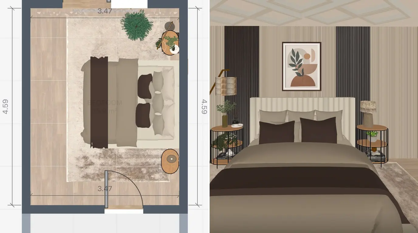 Floor plan with dimensions next to the same room in 3D