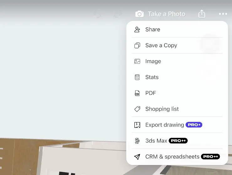 Share menu in the Home Planner right toolbar with the Stats, PDF and Shopping list rows