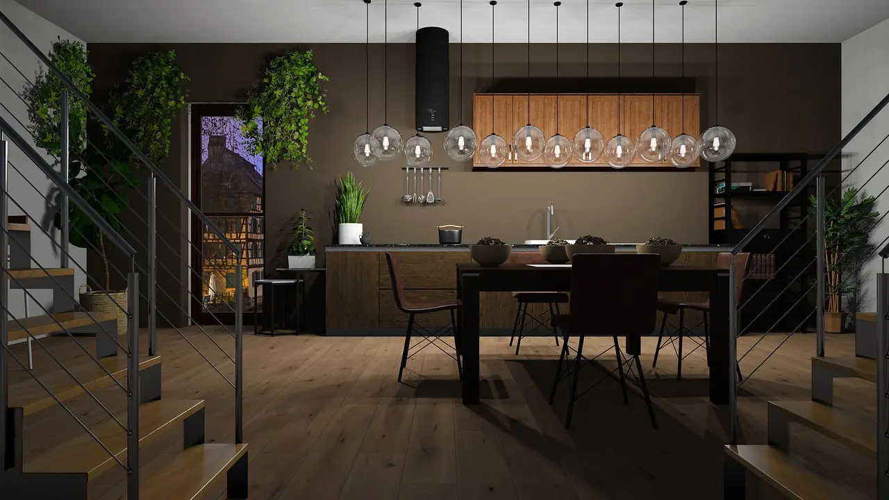 Dark open-plan dining area with glass globe pendants, a black table and a wooden staircase