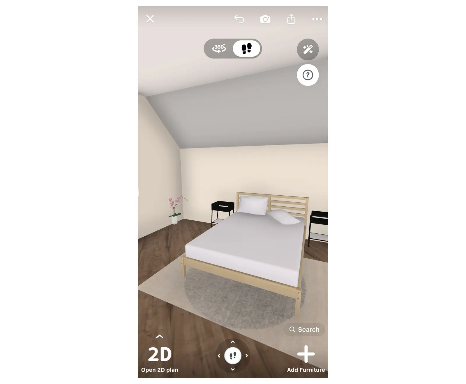 Attic bedroom in the Home Planner 3D view with a sloped ceiling along the bed wall