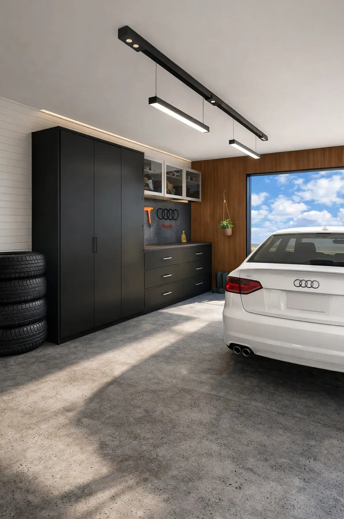 Garage mit hohen schwarzen Schränken, einem Schubladenelement, einem Reifenstapel und einer weißen Limousine