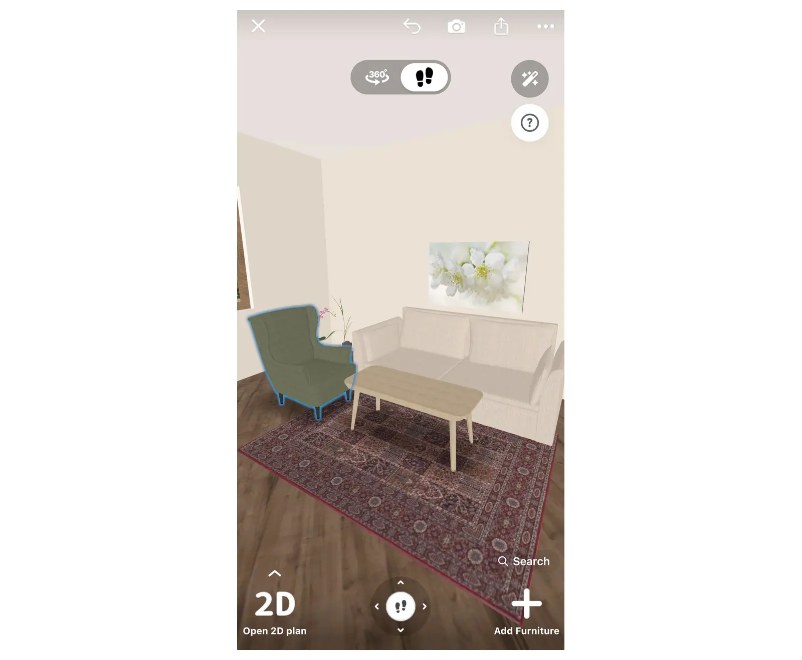 The armchair found by photo, placed in a 3D living room