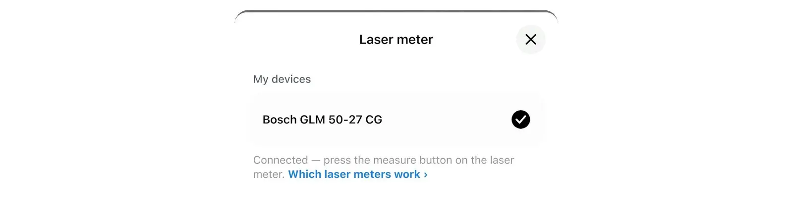 Laser meter screen in Home Planner with a laser measure under My devices (example screen)