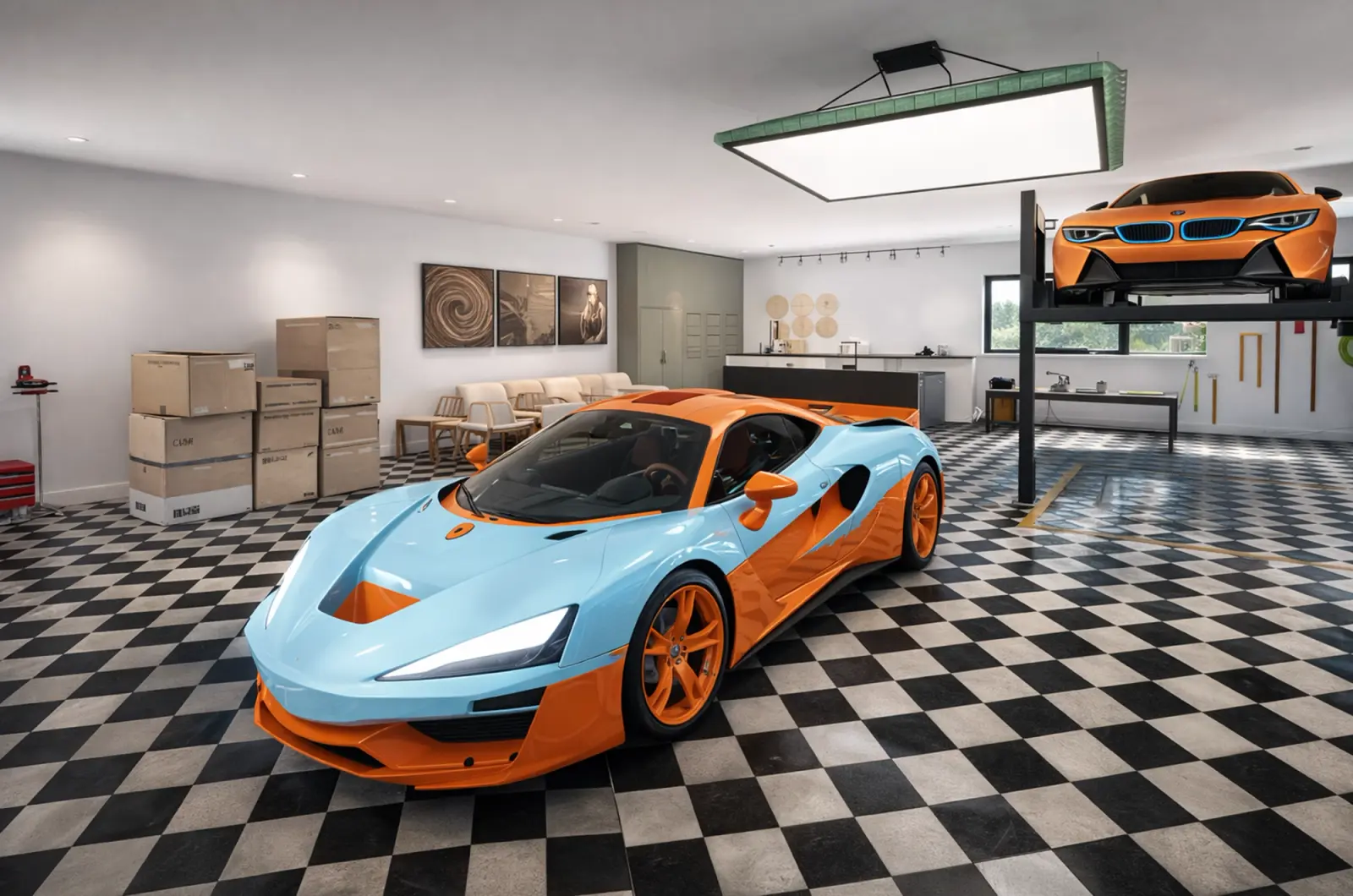 Garage mit Schachbrettboden, einem blau-orangen Sportwagen und einem Auto auf einer Hebebühne