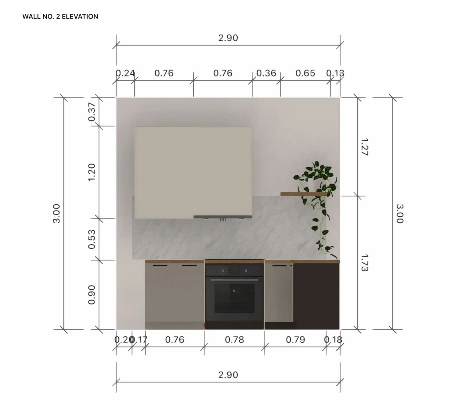 A PDF wall elevation of the kitchen with dimensions