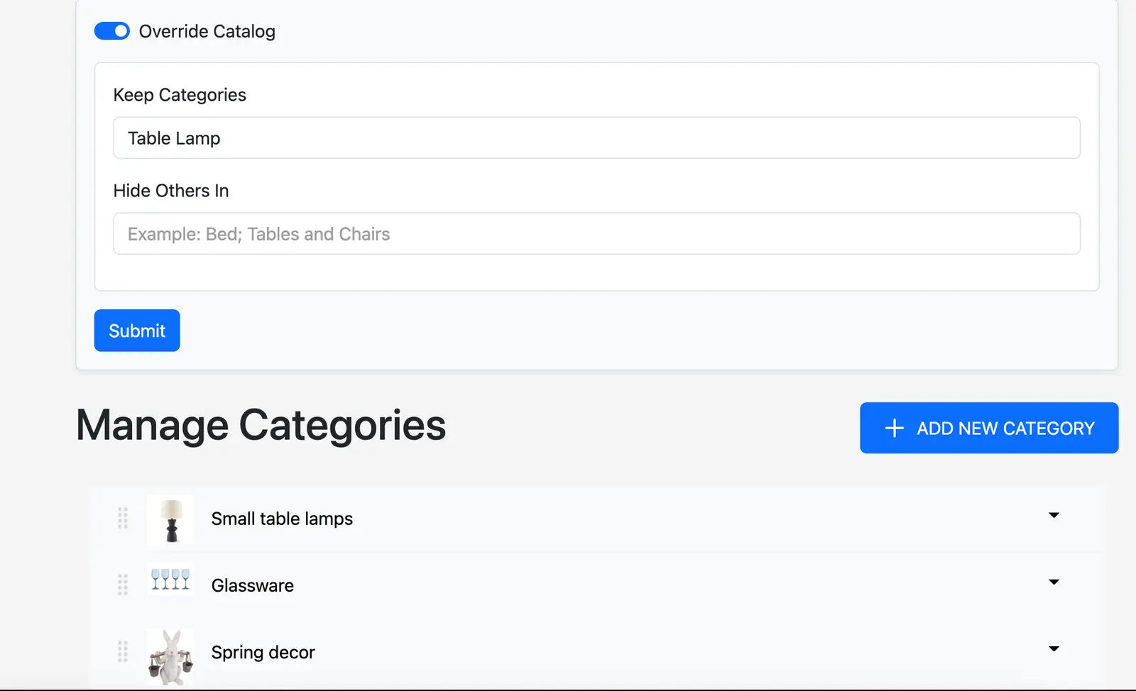 Admin panel Manage Categories tab with Override Catalog, Keep Categories and Hide Others In fields