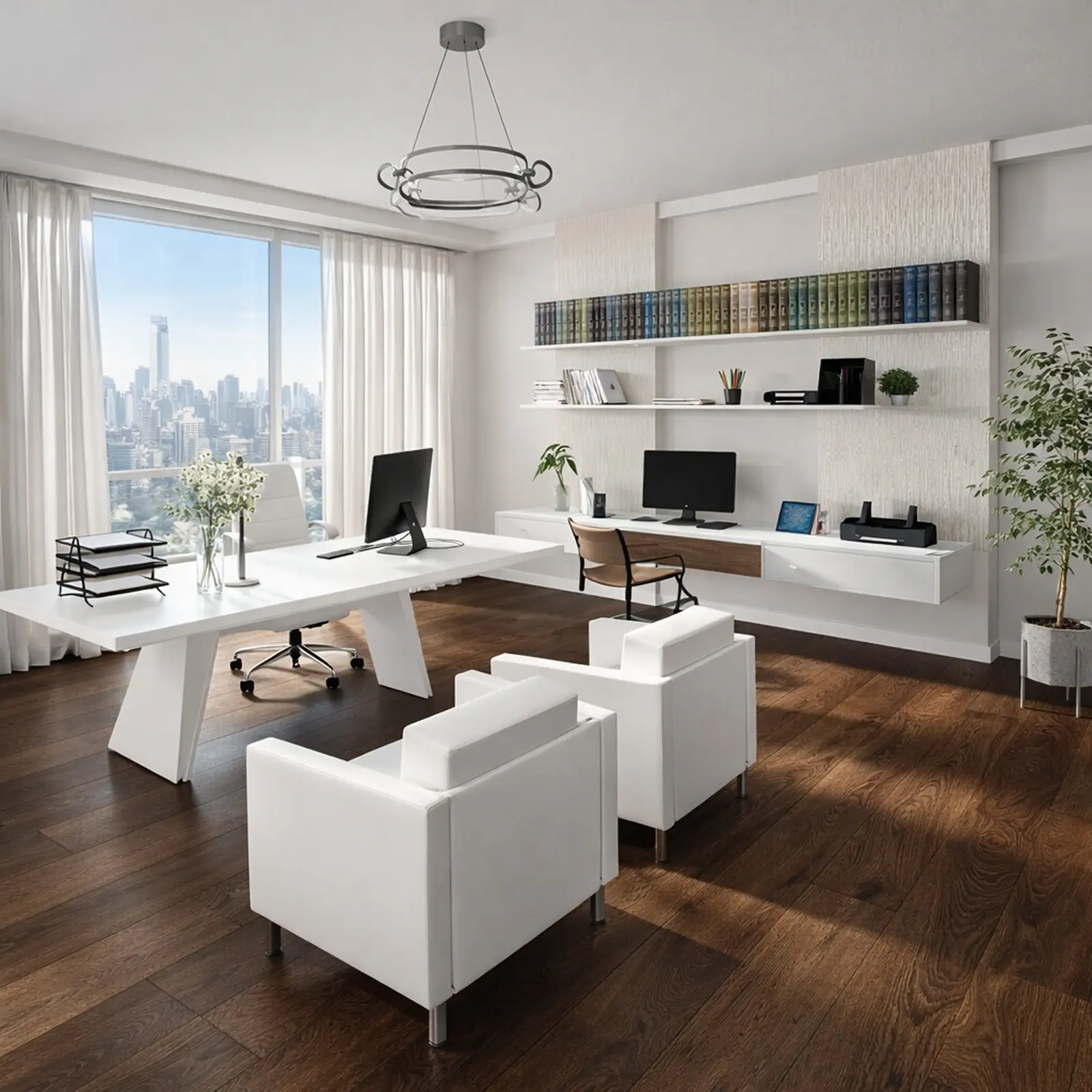 Weißes Büro mit Schreibtisch am Fenster zur Stadt, einem Wandsekretär und zwei Sesseln