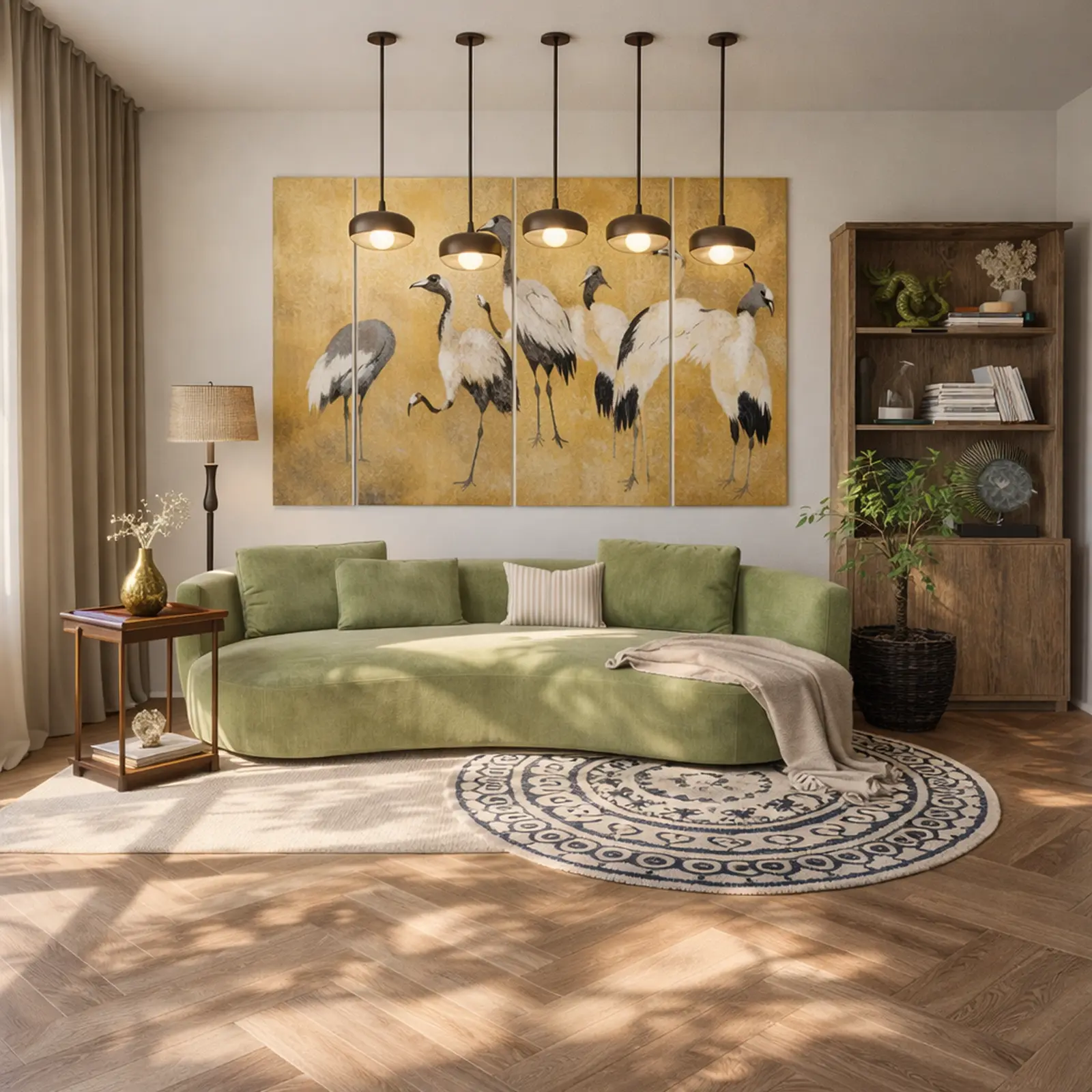 Geschwungenes grünes Sofa unter einem goldenen Kranich-Wandbild, mit fünf Pendelleuchten und einem runden Teppich