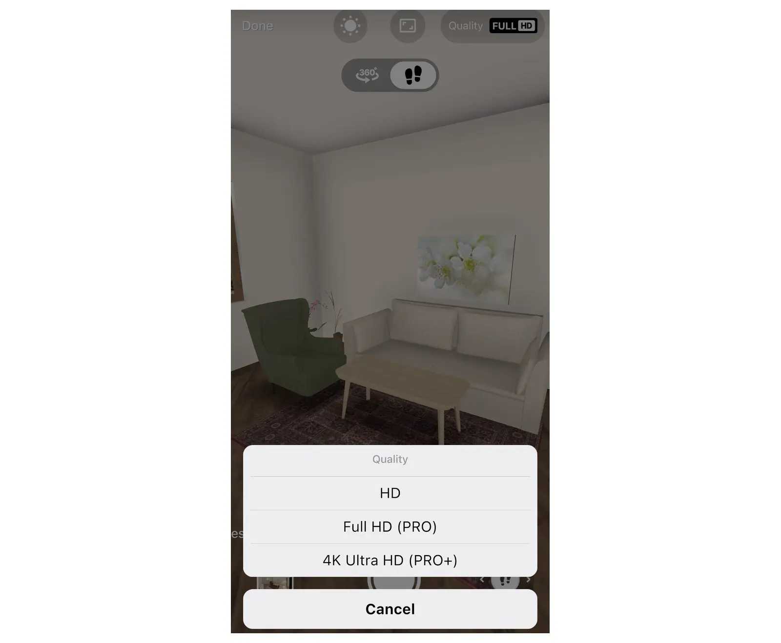 Home Planner Quality menu with HD, Full HD and 4K Ultra HD for a realistic photo