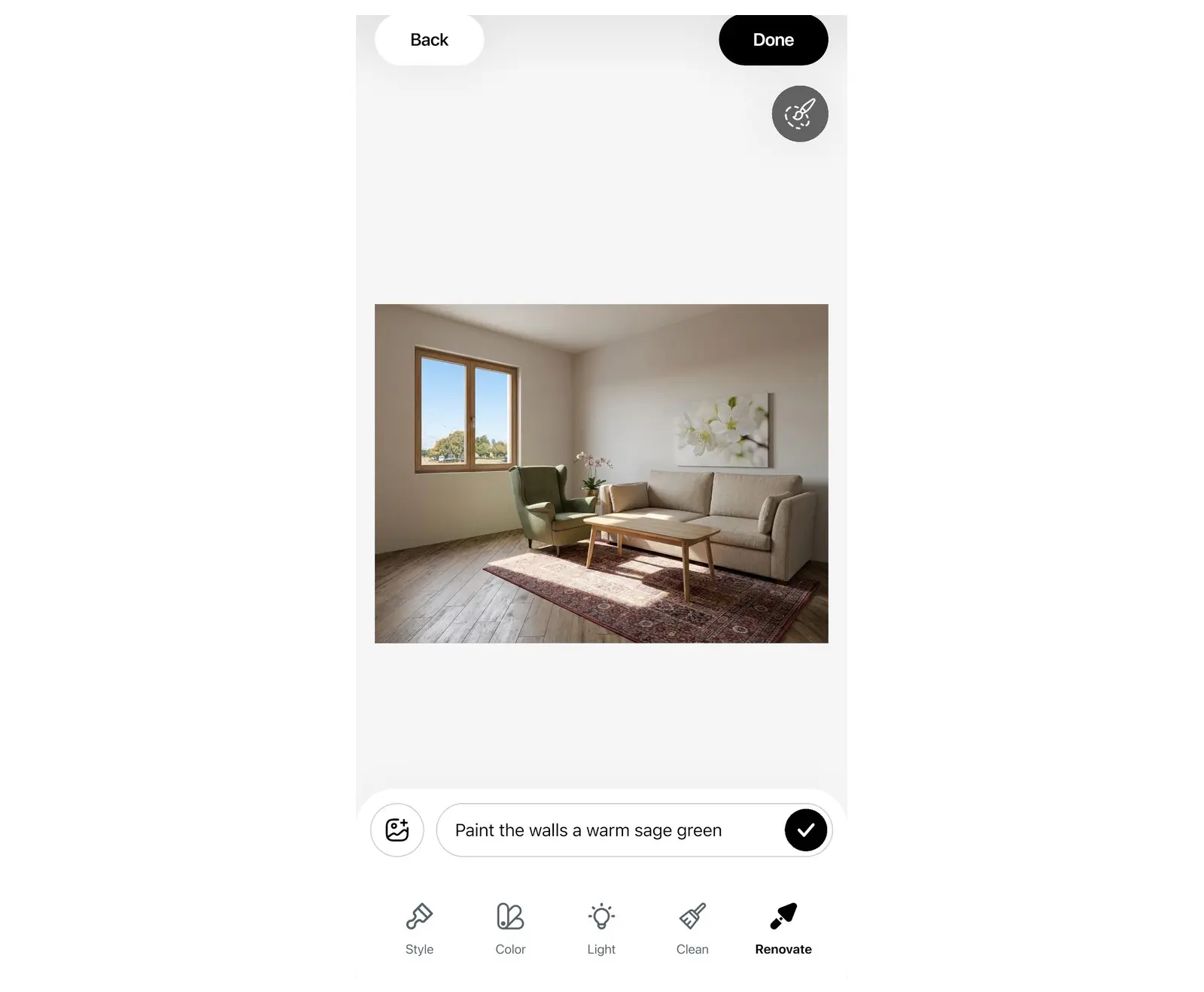 Panel de prompt en Rediseño IA de Home Planner: un prompt escrito, el botón para adjuntar imagen y el botón de enviar